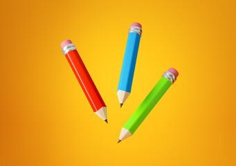 Green, blue and red pencils levitating on yellow background. 3D rendering.