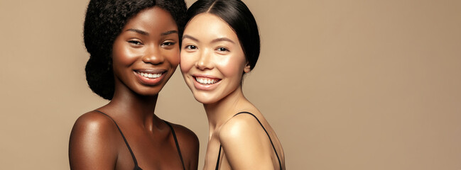 Beauty. Multi Ethnic Group of Womans with diffrent types of skin  together and looking on camera....