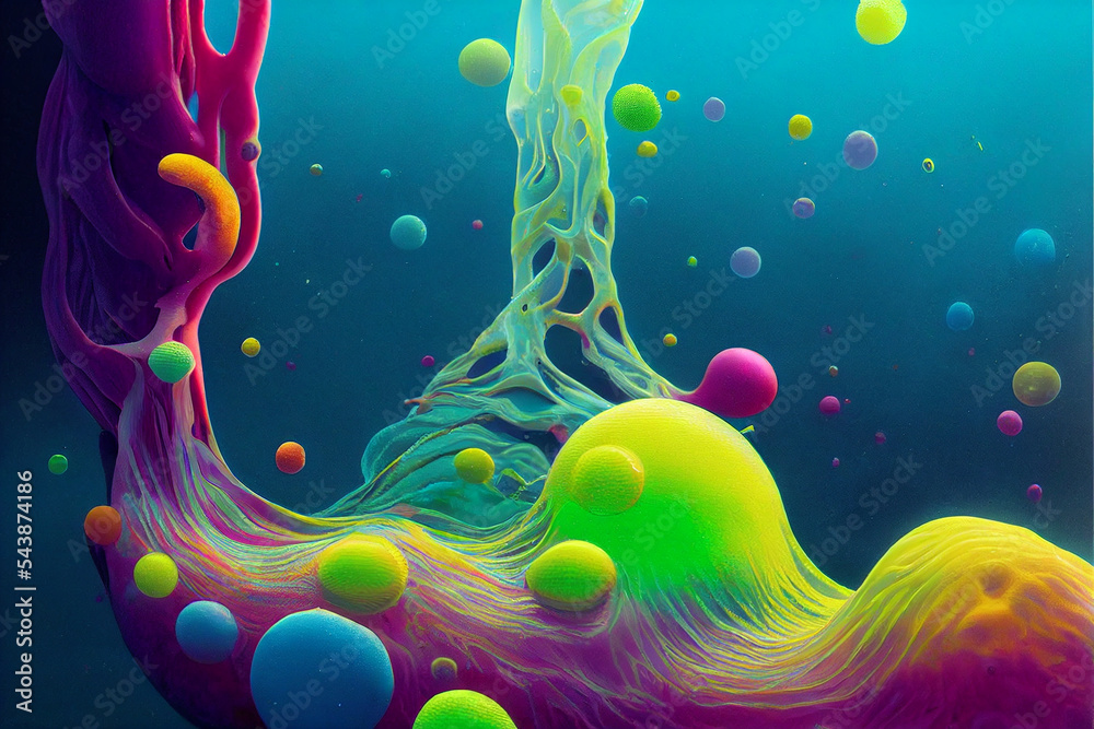 Wall mural Fantasy Fluorescent aquatic  abstract life forms and water bubbles under ocean background.