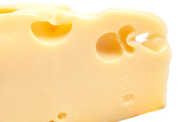 Piece of cheese with big holes, isolated on white background