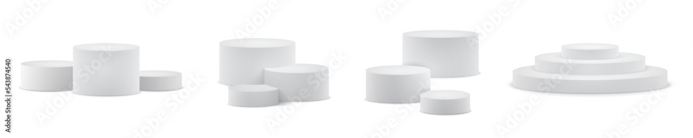Poster set realistic podium. pedestal and platform, stand stage, cylinder. round empty stages and podium st