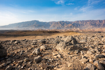 Rocky desert landscape, mountains in the Sultanate of Oman, Middle East