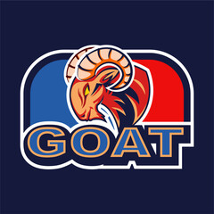 vector sport logo, illustration of the goat mascot on a red and blue field with bold writing goat underneath
