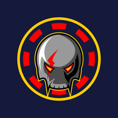 vector sport logo illustration of the iron skull mascot on the background of the dark blue circle with red dotted lines