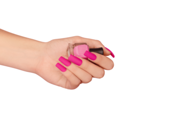 Female hand with pink nail design. Mate pink nail polish manicure. Female model hand with perfect manicure hold pink nail polish bottle on transparent background. Png. Copy space. Place for text.