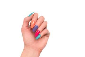Female hand with colorful nail design. Glitter nail polish manicure: purple, green, pink and orange on transparent background. Png nails.