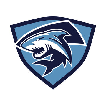vector sport logo shark mascot illustration on a blue shield