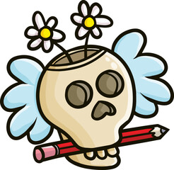 Funny skull with flowers and pencil