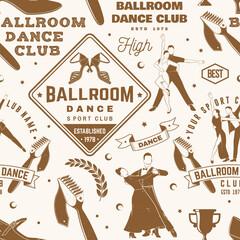 Set of Ballroom dance sport club seamless pattern. Concept for dancer sport pattern background or wallpaper. Dance sport sticker with shoes for ballroom dancing, man and woman silhouette. Vector.