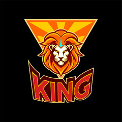 vector sport logo, lion mascot illustration front view in front of an inverted triangle and reads king