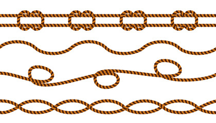 Set of 3d fiber ropes. Rope frame set isolated. Texture string, jute, thread or cord borders pattern. Straight and tied up strings. Realistic marine cord, navy thread - vector