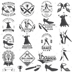Set of Ballroom dance sport club logos, badges design. Concept for shirt or logo, print, stamp or tee. Dance sport sticker with shoes for ballroom dancing, man and woman silhouette. Vector