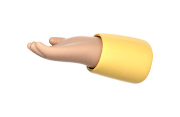 Giving hand gesture with empty open palm. Icon with 3D cartoon human arm holding, offer or showing something. Sign of assistance, presentation or begging. Vector 3d Illustration