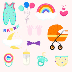 Stickers set for newborn. Baby shower elements.