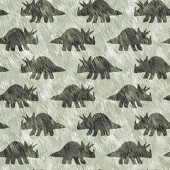 Green hand drawn triceratops dinosaur seamless pattern. Gender Neutral Jurassic fossil silhouette for baby nursery. Gender neutral home decor for museum, extinction and textile design.  © Leah