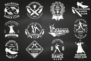 Fototapeta premium Set of Ballroom dance sport club logos, badges on chalkboard. Concept for shirt or logo, print, stamp or tee. Dance sport sticker with shoes for ballroom dancing, man and woman silhouette. Vector.