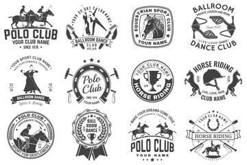 Set of polo club, horse riding, ballroom dance club badge, emblem, logo. Vector illustration. Templates for ballroom dance, polo club and horse riding sports club. Vintage label with dancer