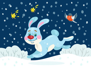 Funny rabbit, the symbol of the Chinese New Year, runs through the winter meadow. In cartoon style. On a dark blue background. Vector flat illustration.