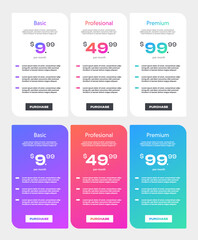 Template Design UX UI price list. Landing page website product package price and check box. Vector Illustrate.