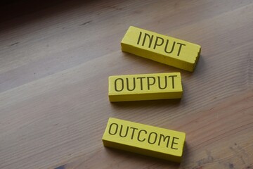 Input Output Outcome wording on a wooden block - obrazy, fototapety, plakaty