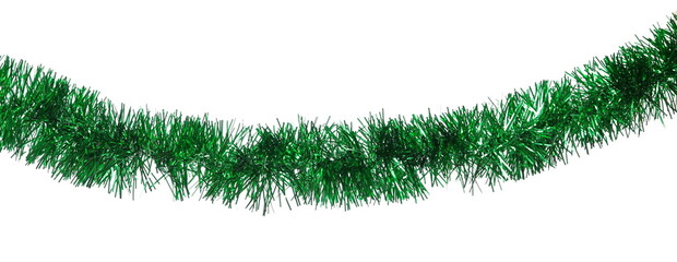 Green tinsel hanging, Christmas ornament, decoration, isolated on white with clipping path