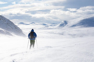Fototapeta na wymiar Snow shoe hiking on a sunny day in the mountains of Dovrefjell National Park