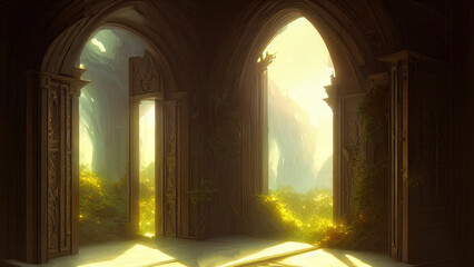 Fototapeta premium Large panoramic arched windows. Fantasy interior of the palace with windows to the garden. Rays of the sun, shadows. Majestic window. 