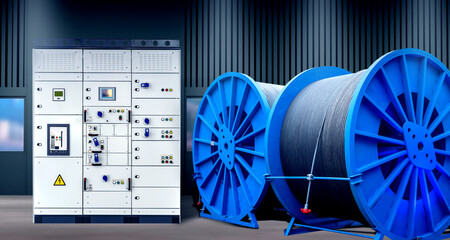 Factory building. Factory giant coils. Power cable production. Production equipment inside hangar....