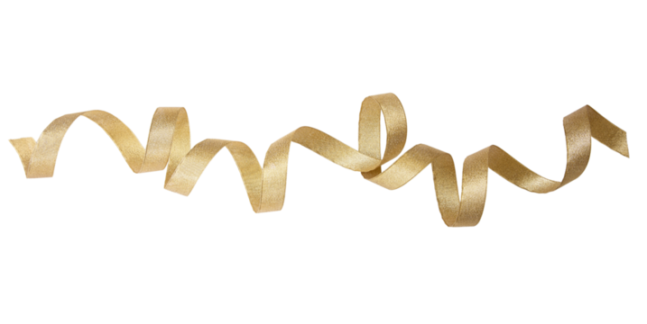 Gold ribbon isolated transparent background, PNG, Christmas decoration, gifts.