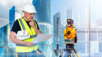 Man surveyor. Geodetic business worker. Man near geodetic instrument. Guy surveyor thought....