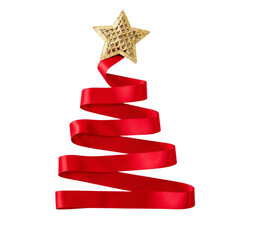 Christmas tree shape red ribbon isolated transparent background, PNG. Merry Xmas card template
