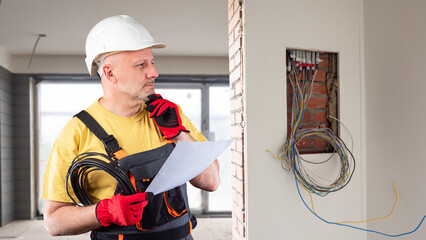 Electrician thought. Man is doing installation of electrical wiring. Electrician man with wires in...