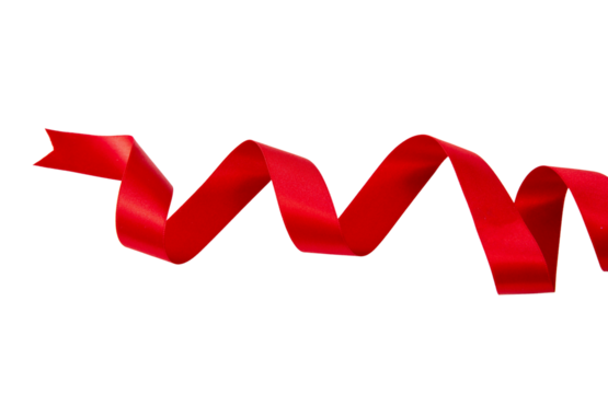 Red ribbon isolated transparent background, PNG., satin curly christmas decoration,