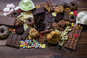Rustic table of sweets and ice cream