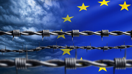 European Union. Restrictions and sanctions Concept. Barbed wire in front of flag Europe. Sanctions...