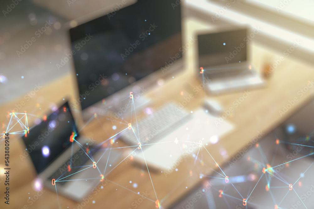 Aufkleber Creative abstract wireless technology hologram and modern desktop with pc on background, artificial intelligence and machine learning concept. Multi exposure