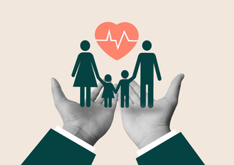 Hands holding family figure. life and health insurance concept. Art collage.