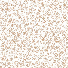 Seamless pattern with abstract leaves and curls, beige line on white background. Hand drawn outline floral elements. Monochrome vector print for interior textile and wallpaper design.