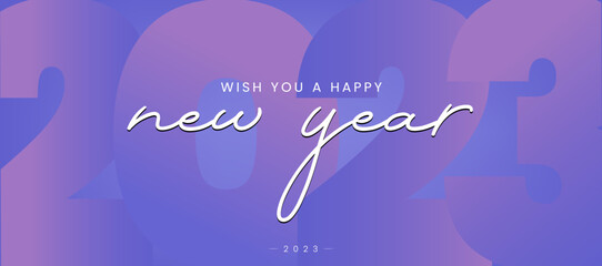 We wish you a Happy New Year banner concept in vector design. A happy new year texts on pastel color. Lettering typography sparkle firework gradient purple year 2023 background