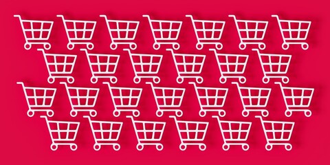 Shopping cart icon. White shopping carts on red background. 3d illustration - 543882538