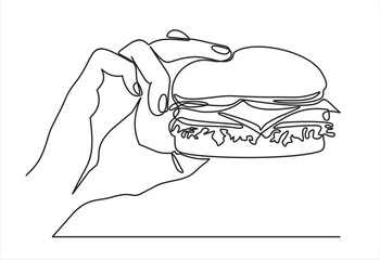 Continuous one line drawing of Hand holding a burger. Hamburger or sandwich outline sketch. Fast food concept. Vector illustration.