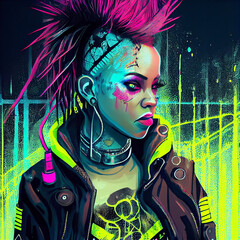 Cyberpunk Punk-Rock Hand drawn Manga and Anime Character in Comisc and Graffity Style, 90s Illustration