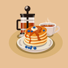 Pancakes and tea, flat illustration