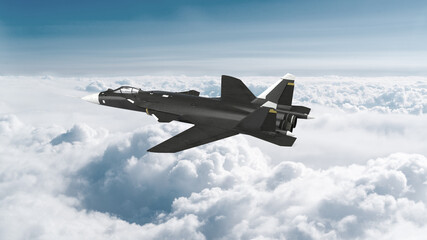Naklejka na ściany i meble 3d render fighter plane in the sky clouds air attack war Ukraine-Russia