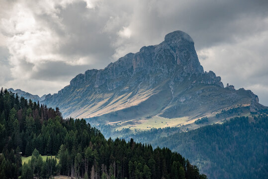 Iconic Peitlerkofel mountain in the Dolomite Alps, South Tirol