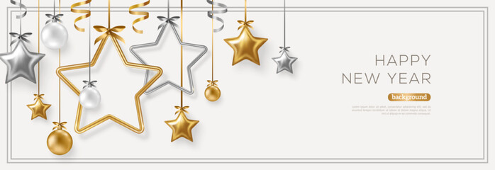 Merry Christmas and Happy New Year 2023 Border Frame, White Background with Silver and Gold Hanging Stars Baubles. Vector illustration. Xmas holiday decorations. Place for text. Eve sale poster flyer