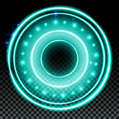 Green hologram portal. Magic fantasy portal. Magic circle with halo effect. Vector green glow scifi teleport with sparks and hologram, technology background.