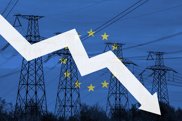 Power line and flag of European Union. Energy crisis. Concept of global energy crisis. Decreased...