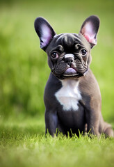 Fototapeta premium cute little french bulldog sitting on a green grass