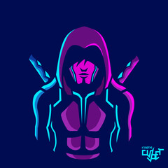 Samurai cyberpunk logo line pop art portrait fiction colorful design with dark background. Abstract vector illustration.